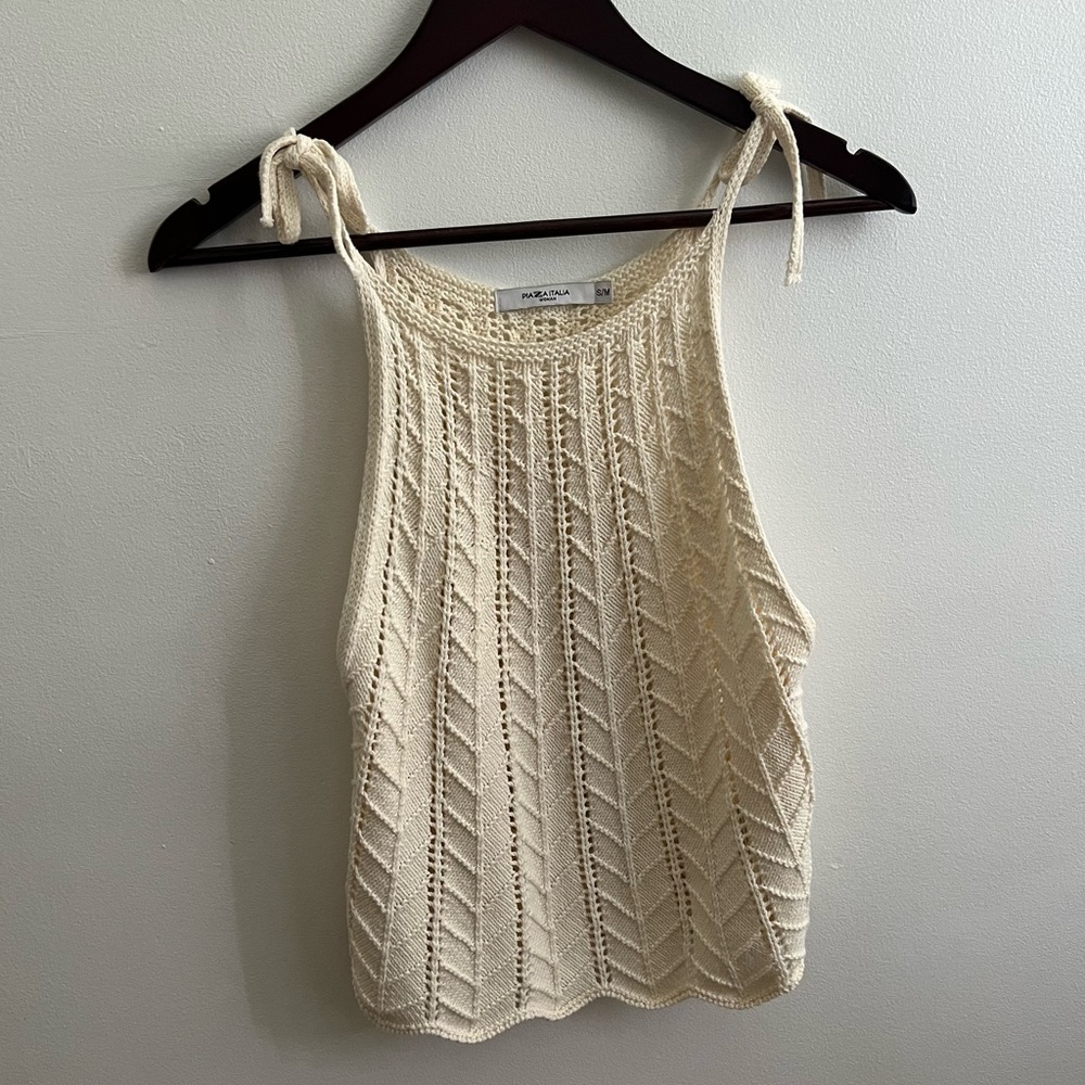 Cream Knit Tie-Shoulder Tank